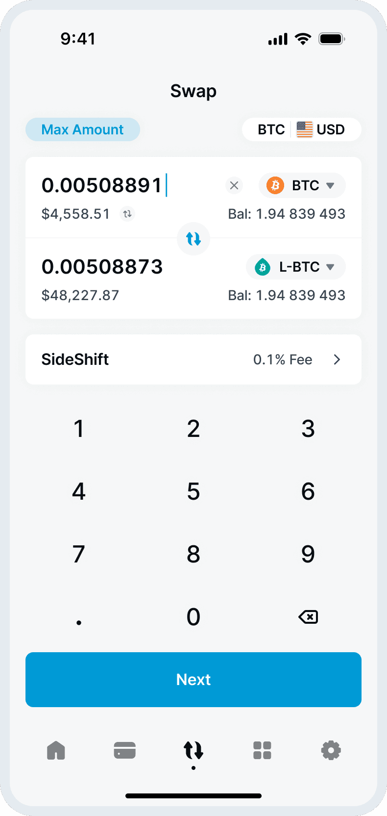 Mobile device showing the AQUA app swap screen