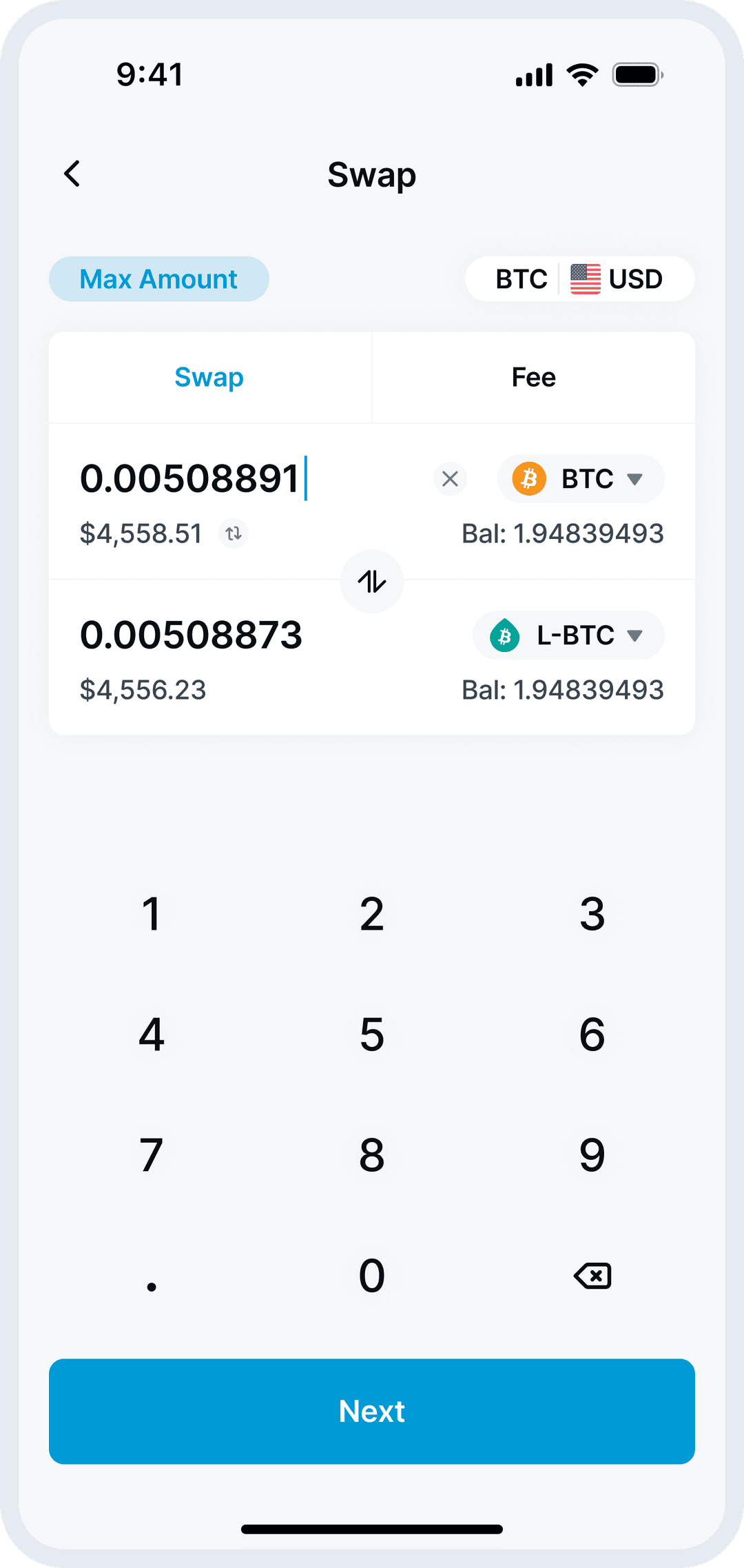 Mobile device showing the AQUA app swap screen