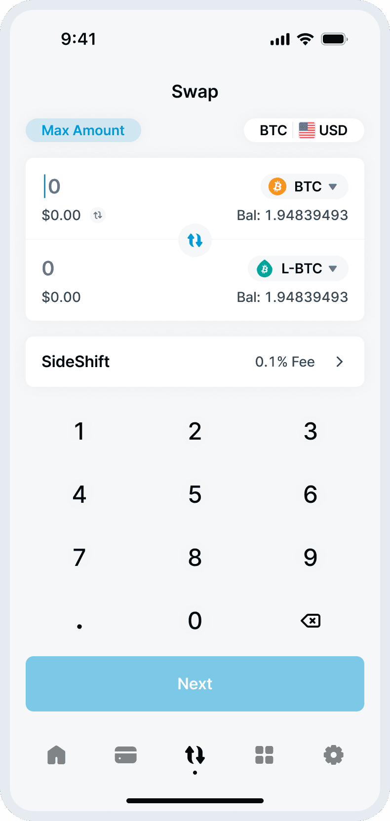 Mobile device showing the AQUA app swap screen