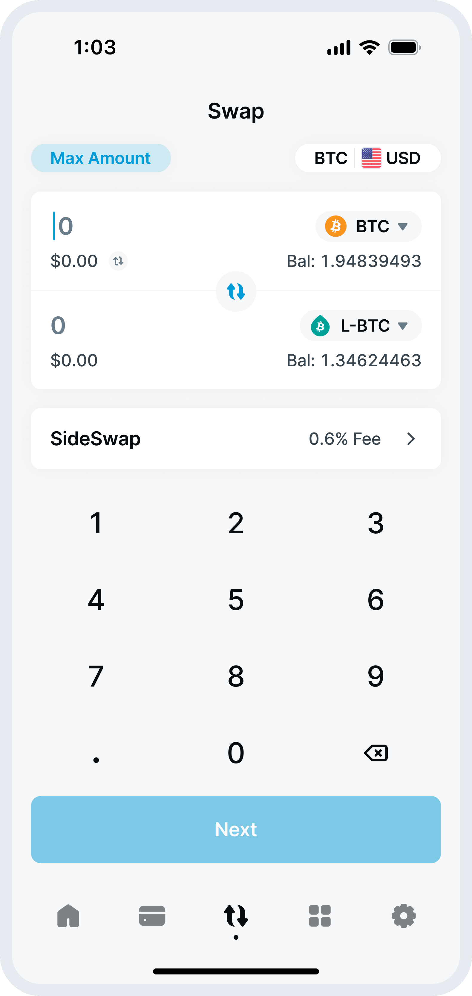 Mobile device showing the AQUA app swap screen