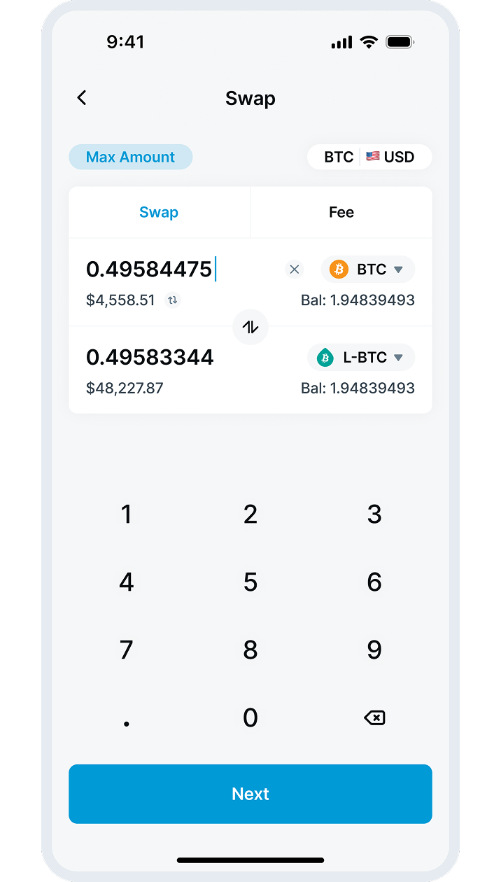 Mobile device showing the AQUA app swap screen